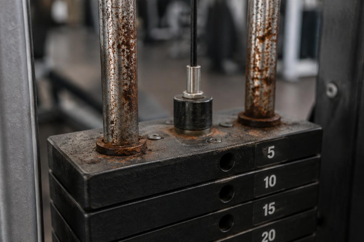Close-up of rusted guide rods on a weight stack after improper humidity-controlled storage