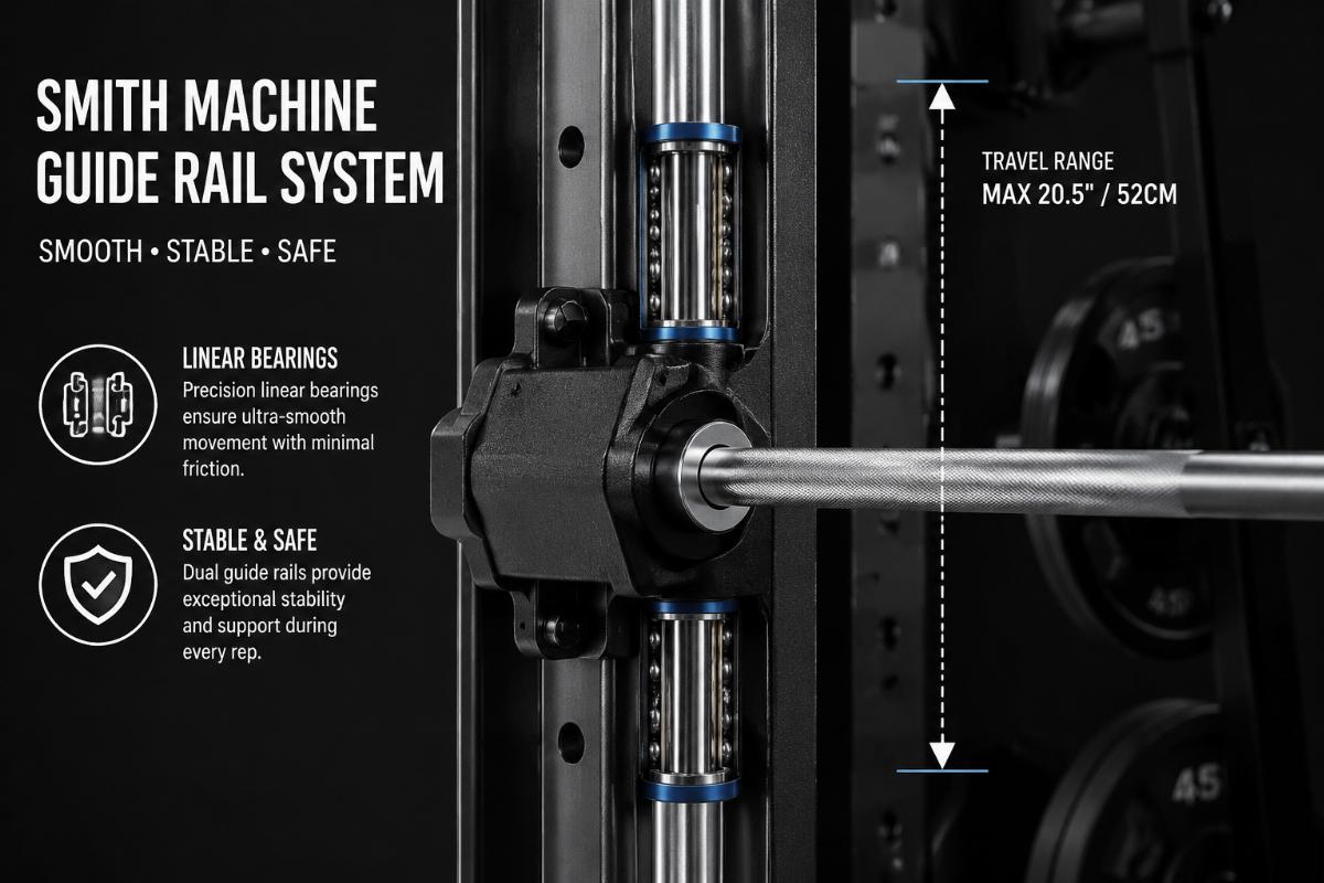 Close-up of Smith machine guide rail system showing linear bearings and travel range