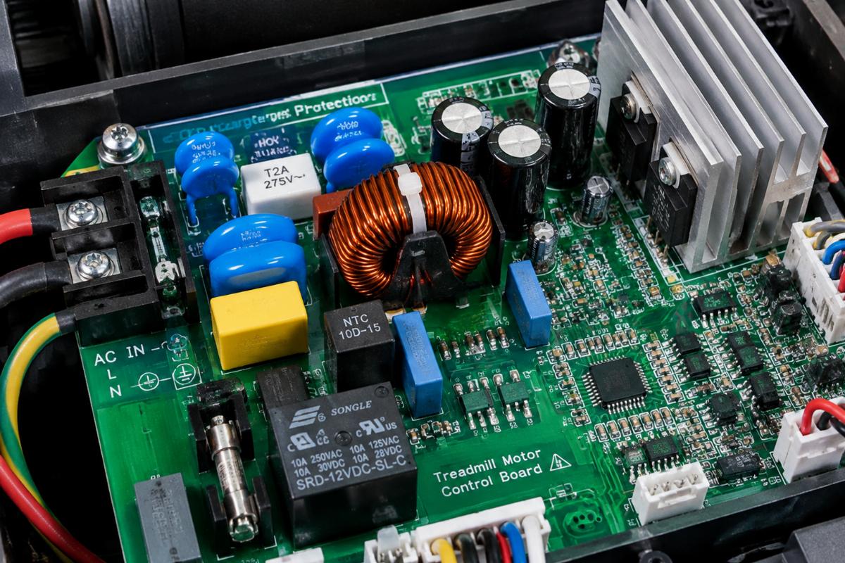 Close-up of treadmill motor control board with surge protection components