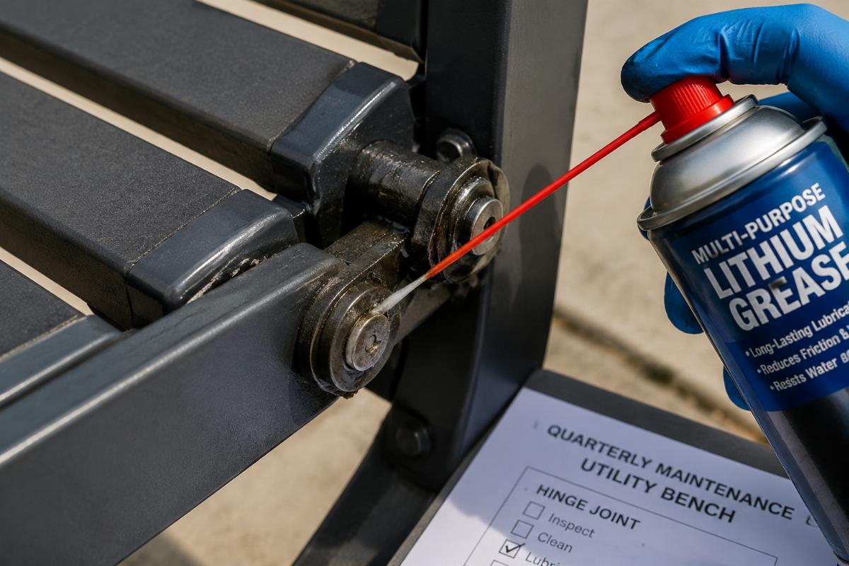 Close-up of utility bench hinge joint being lubricated during quarterly maintenance
