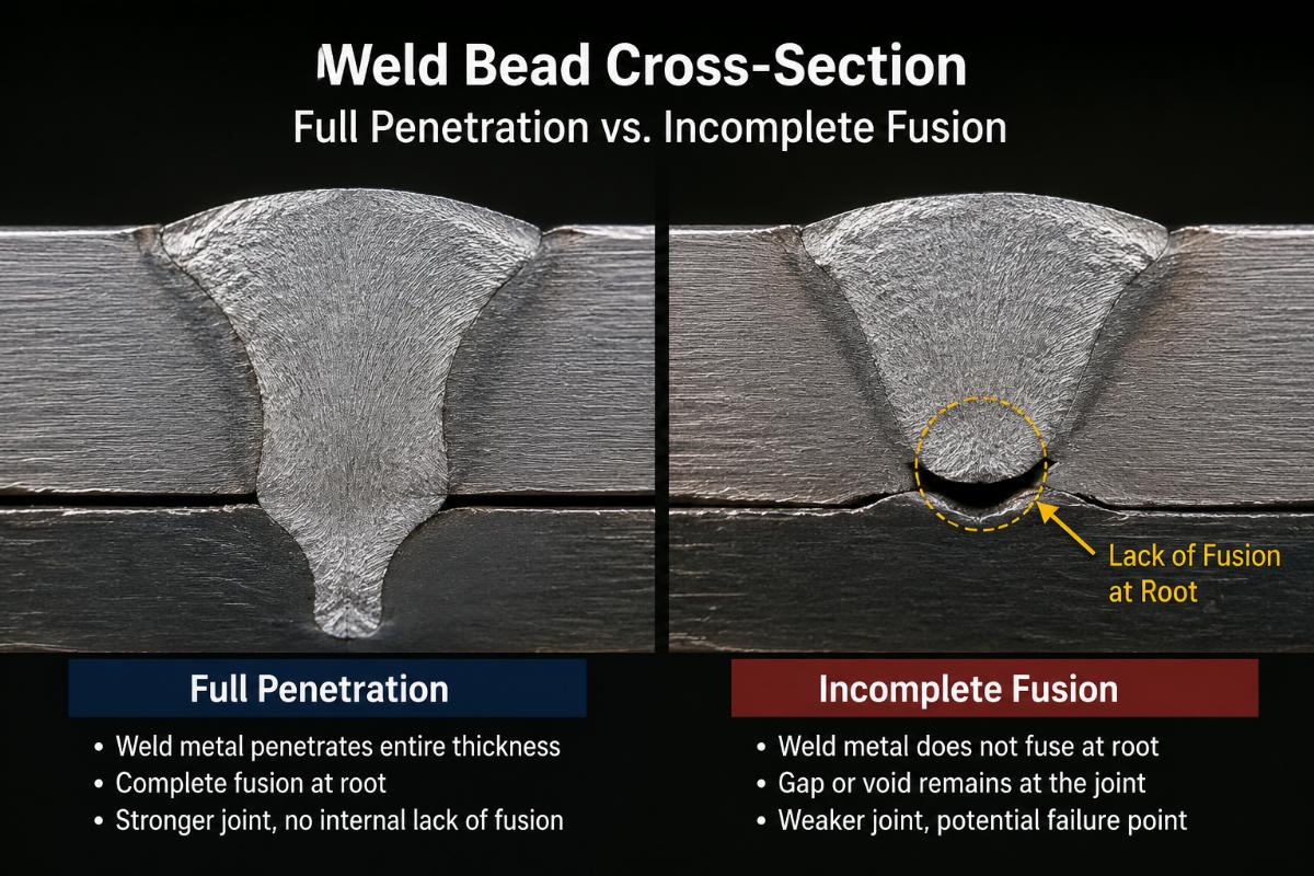Close-up of weld bead cross-section showing full penetration versus incomplete fusion