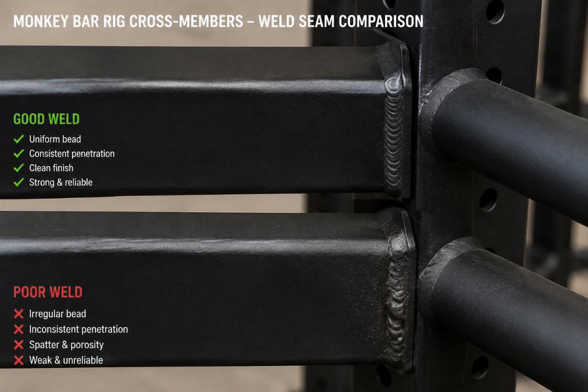 Close-up of weld seam comparison on monkey bar rig cross-members