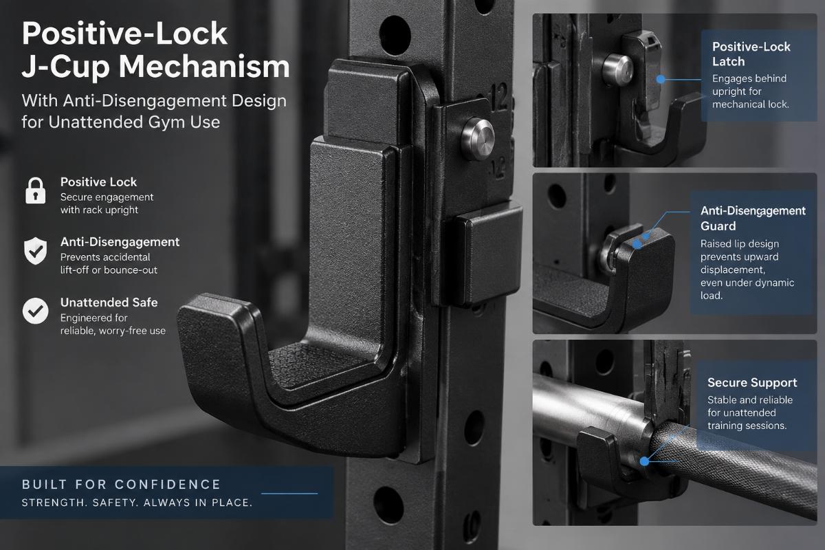 Close-up view of positive-lock J-cup mechanism with anti-disengagement design for unattended gym use