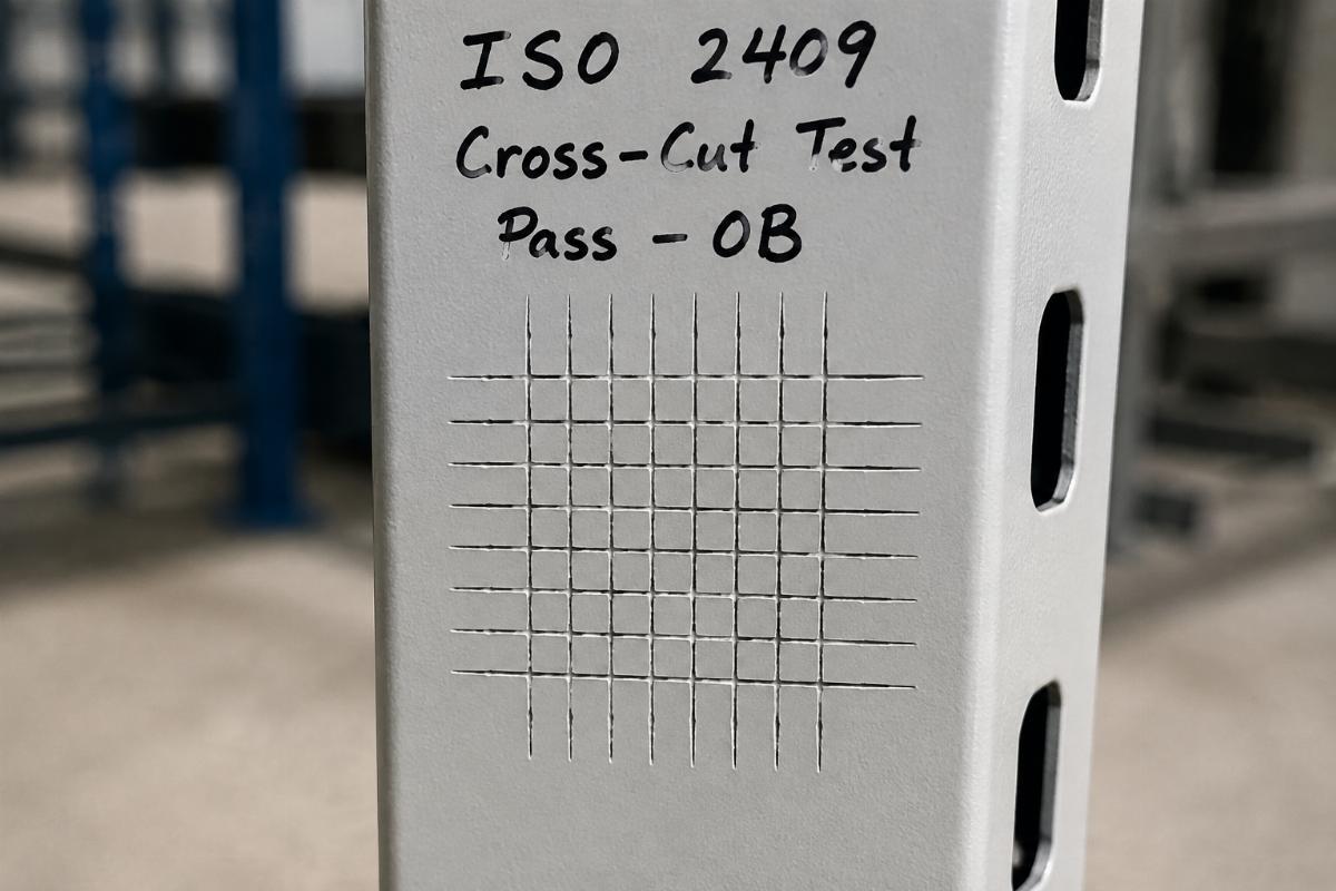 Coating adhesion cross-cut test on half rack upright showing proper ISO 2409 grid pattern