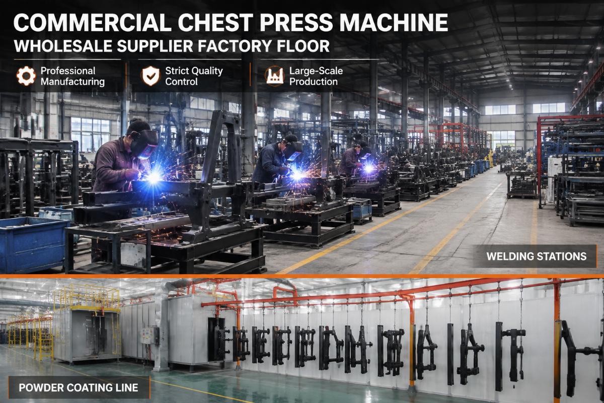 Commercial chest press machine wholesale supplier factory floor showing welding stations and powder coating line