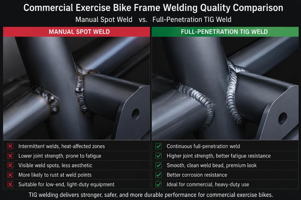 Commercial exercise bike frame welding quality comparison showing manual spot weld versus full-penetration TIG weld joints