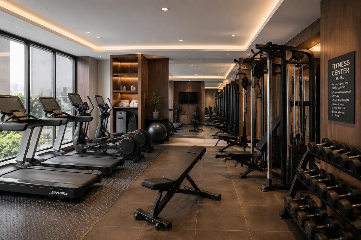 Commercial fitness equipment for hotel gym arranged in a compact layout with cardio and strength zones