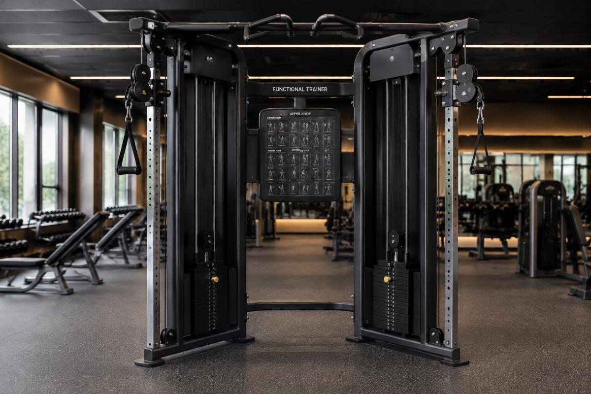 Commercial functional trainer with dual adjustable pulleys and weight stacks in a gym environment