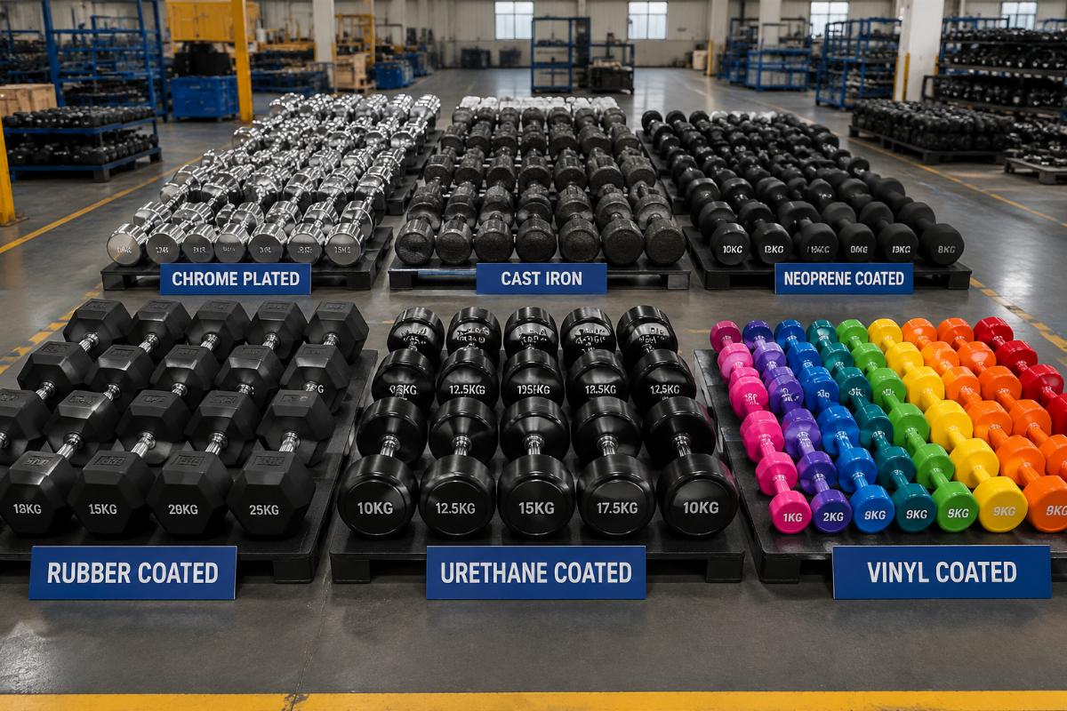 Commercial grade dumbbell sets arranged by coating type on a factory floor