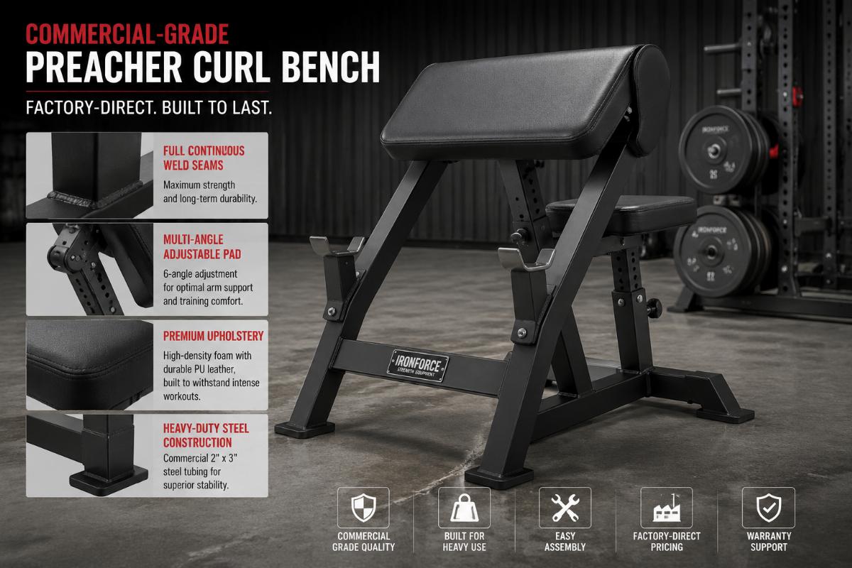 Commercial-grade factory-direct preacher curl bench with full continuous weld seams and multi-angle adjustable pad