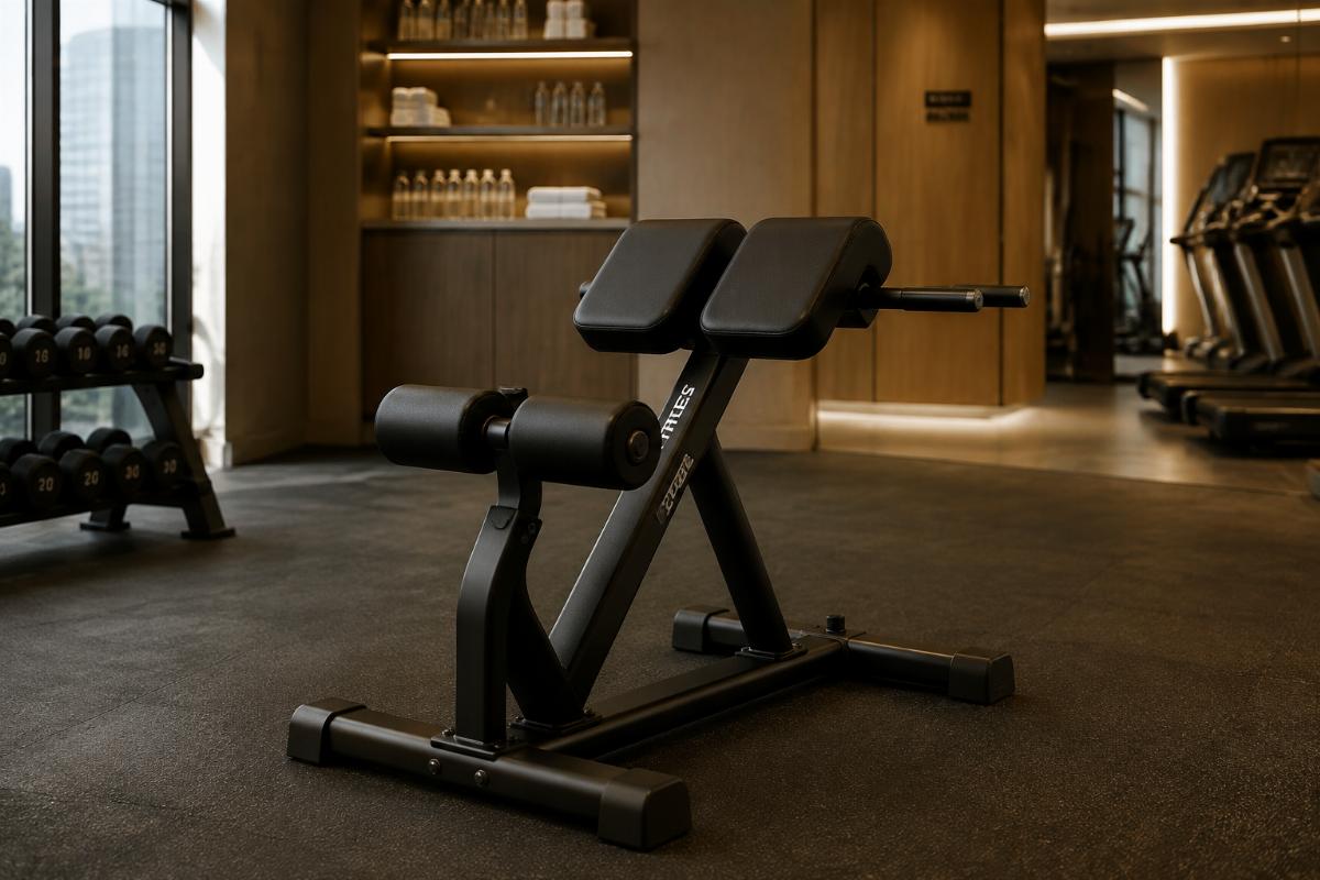 Commercial-grade Roman Chair with reinforced tube frame and padded hip support in a modern hotel gym setting