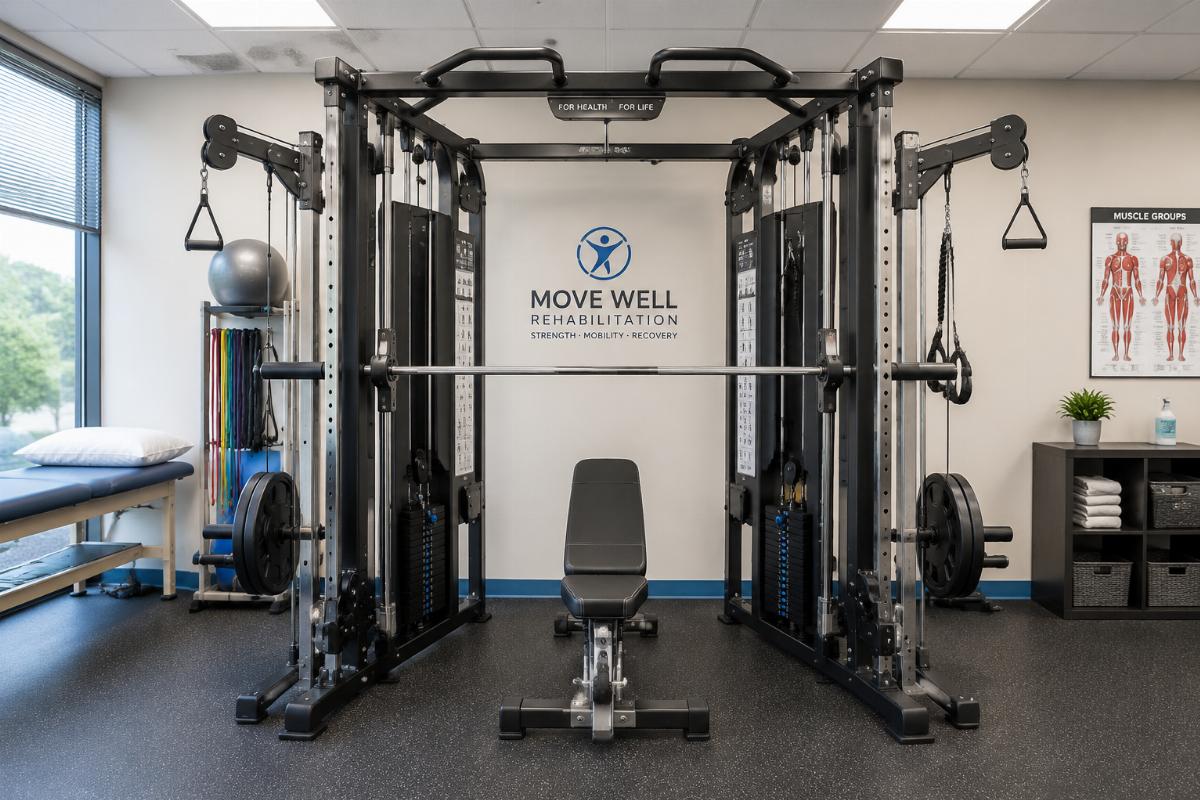 Commercial-grade Smith machine and cable crossover system configured for rehabilitation clinic use
