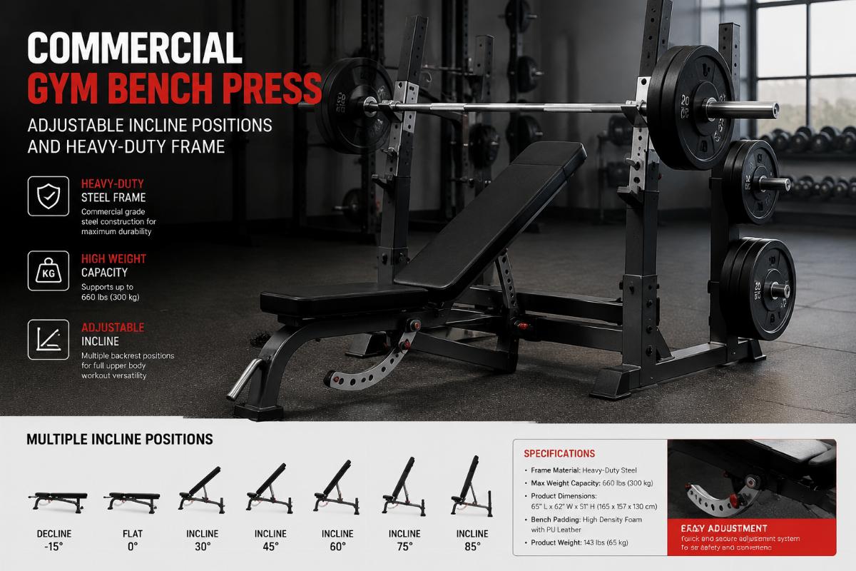 Commercial gym bench press with adjustable incline positions and heavy-duty frame