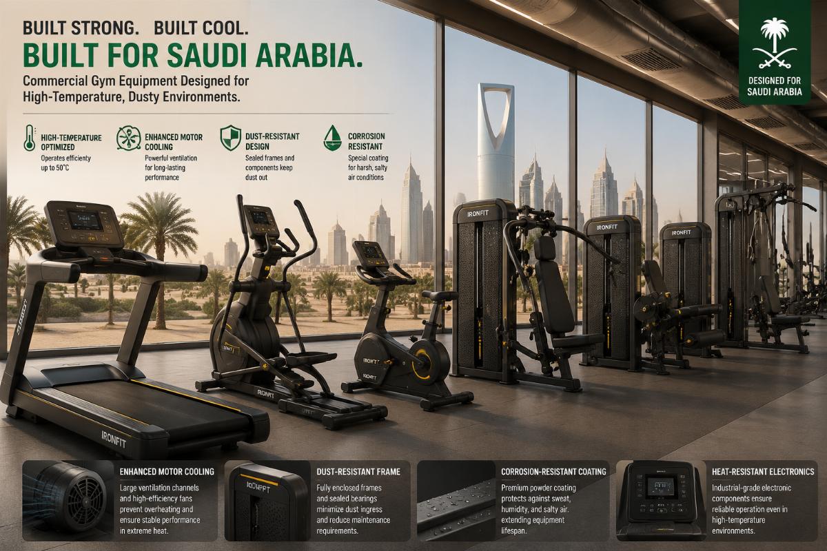 Commercial gym equipment lineup designed for high-temperature Saudi Arabia environment with enhanced motor cooling and dust-resistant frames