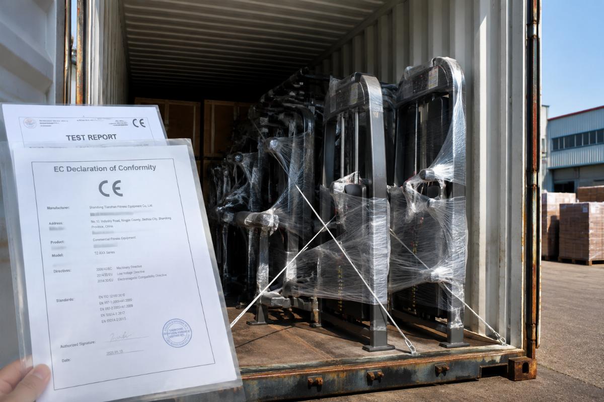 Commercial gym equipment loaded in shipping container with CE compliance documents visible