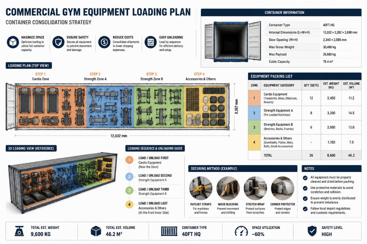 Commercial gym equipment loading plan showing container consolidation strategy