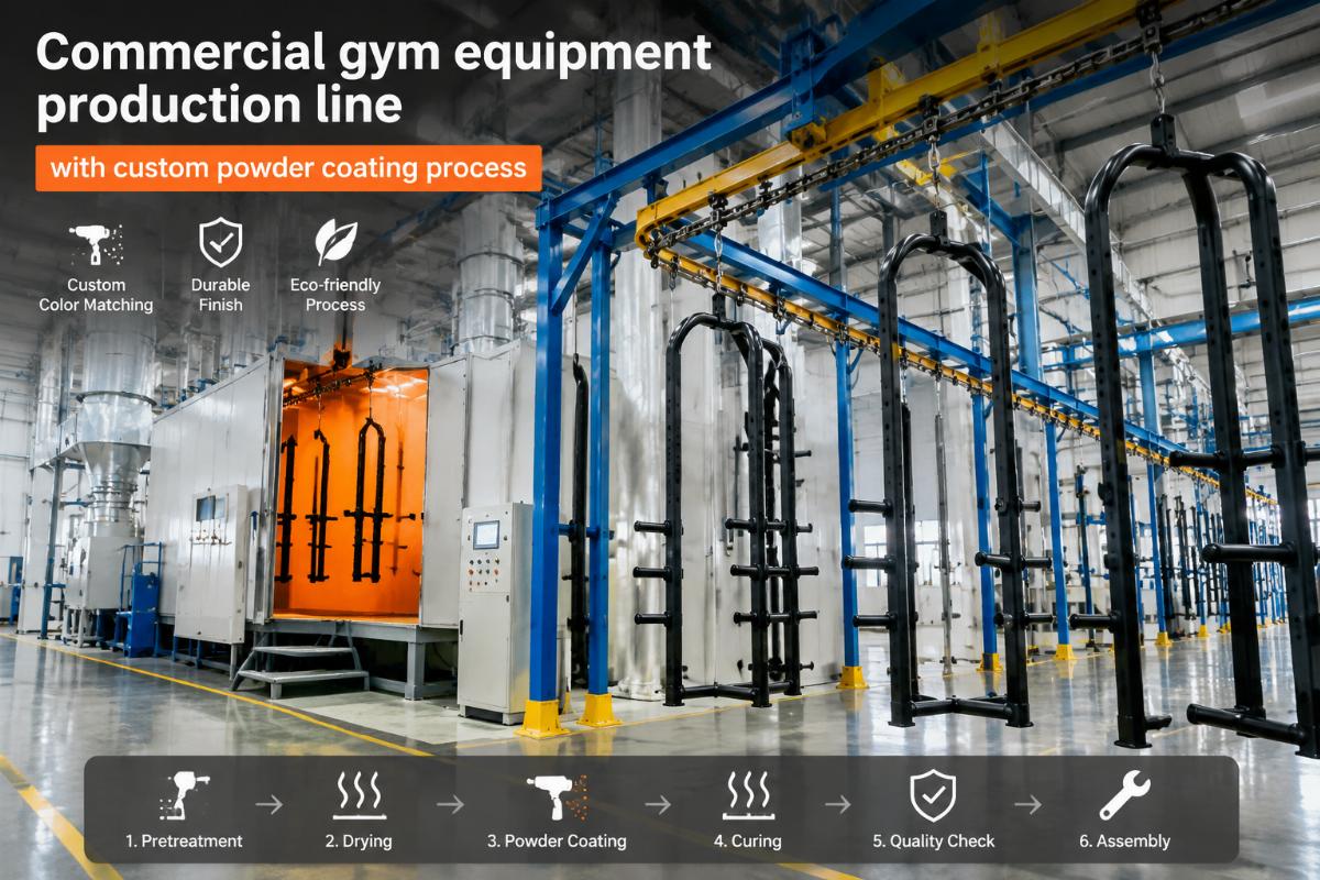 Commercial gym equipment production line with custom powder coating process