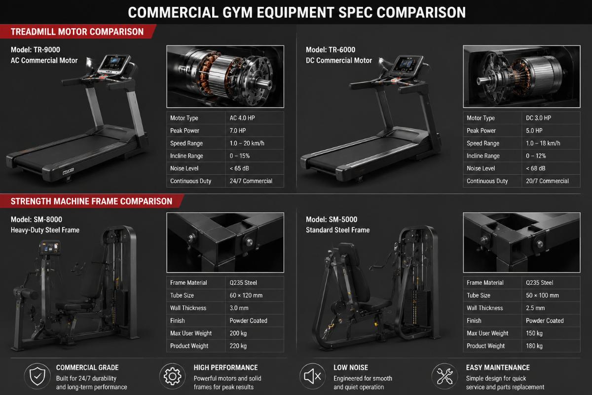 Commercial gym equipment spec comparison showing treadmill motor and strength machine frame details
