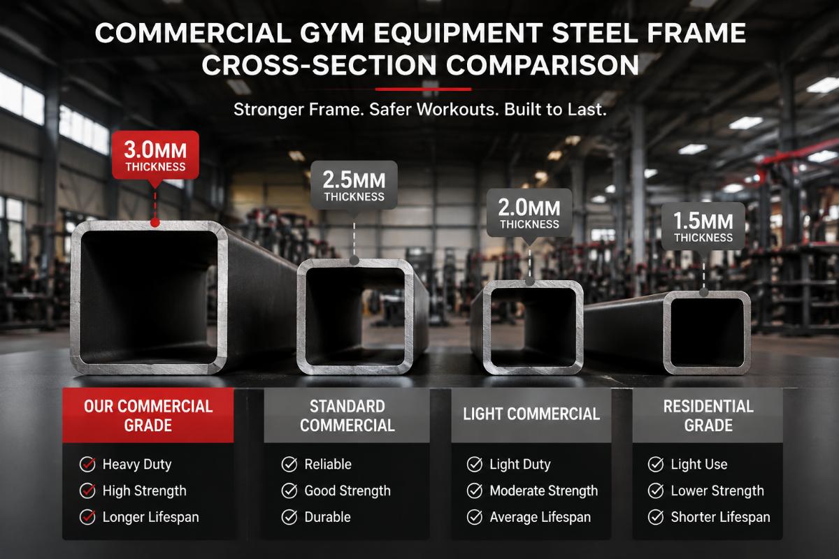 Commercial gym equipment steel frame cross-section comparison in factory