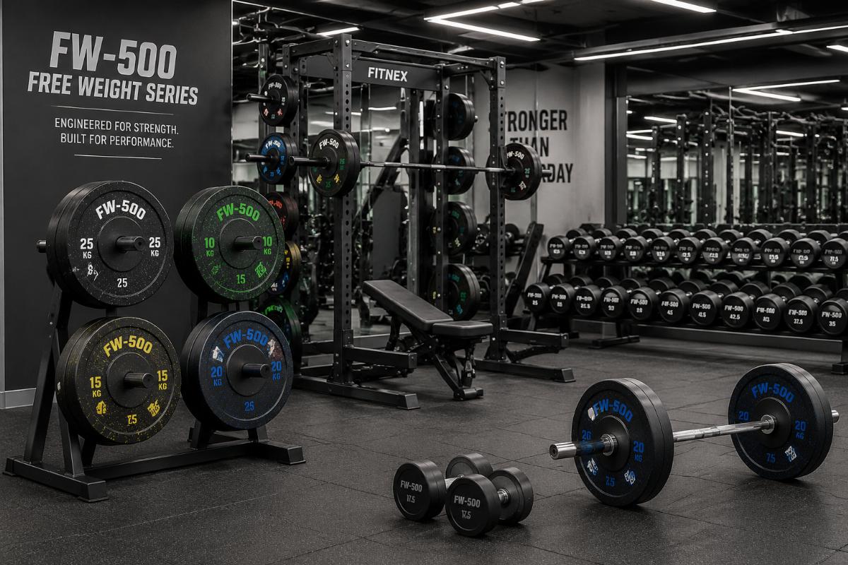 Commercial gym free weight zone with FW-500 Free Weight Series plates, bars, and dumbbells