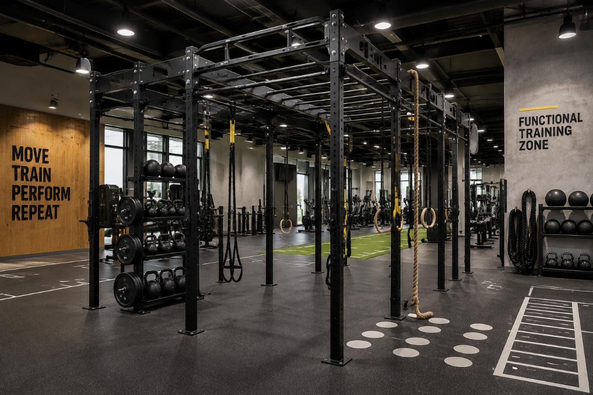 Commercial gym functional training zone with monkey bar rig installed