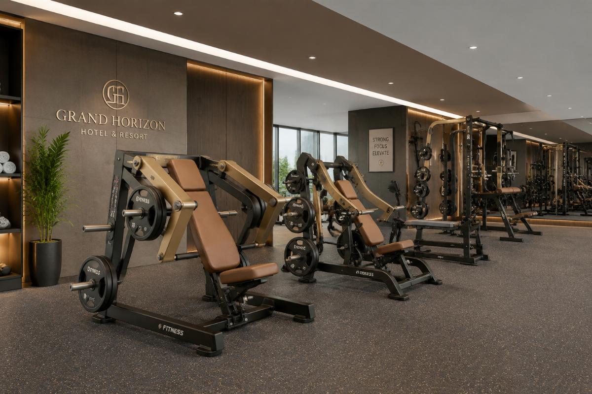 Commercial gym interior featuring plate-loaded strength equipment with custom color coordination for hotel fitness facility