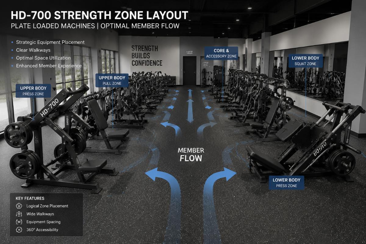 Commercial gym strength zone layout showing HD-700 plate loaded machines arranged for optimal member flow