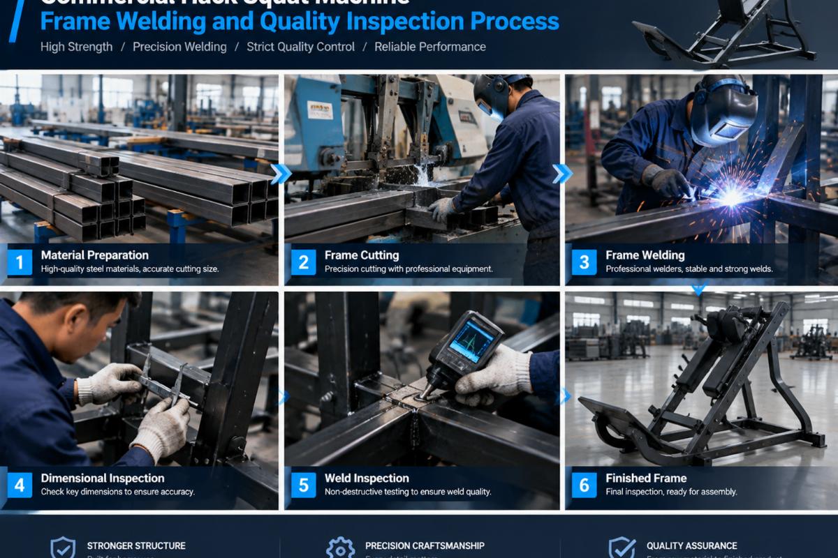 Commercial hack squat machine frame welding and quality inspection process