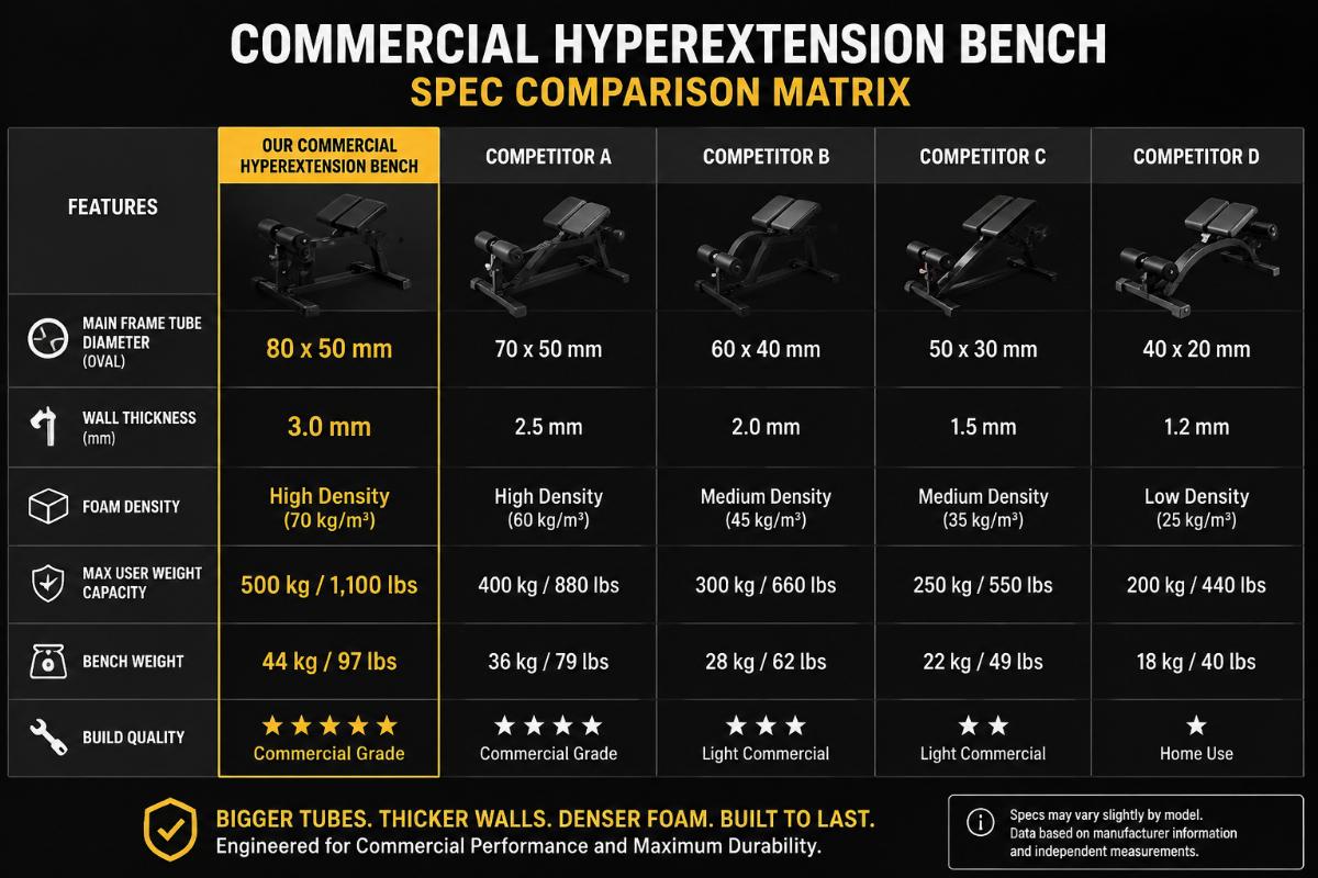 Commercial hyperextension bench spec comparison matrix showing tube diameter wall thickness and foam density differences
