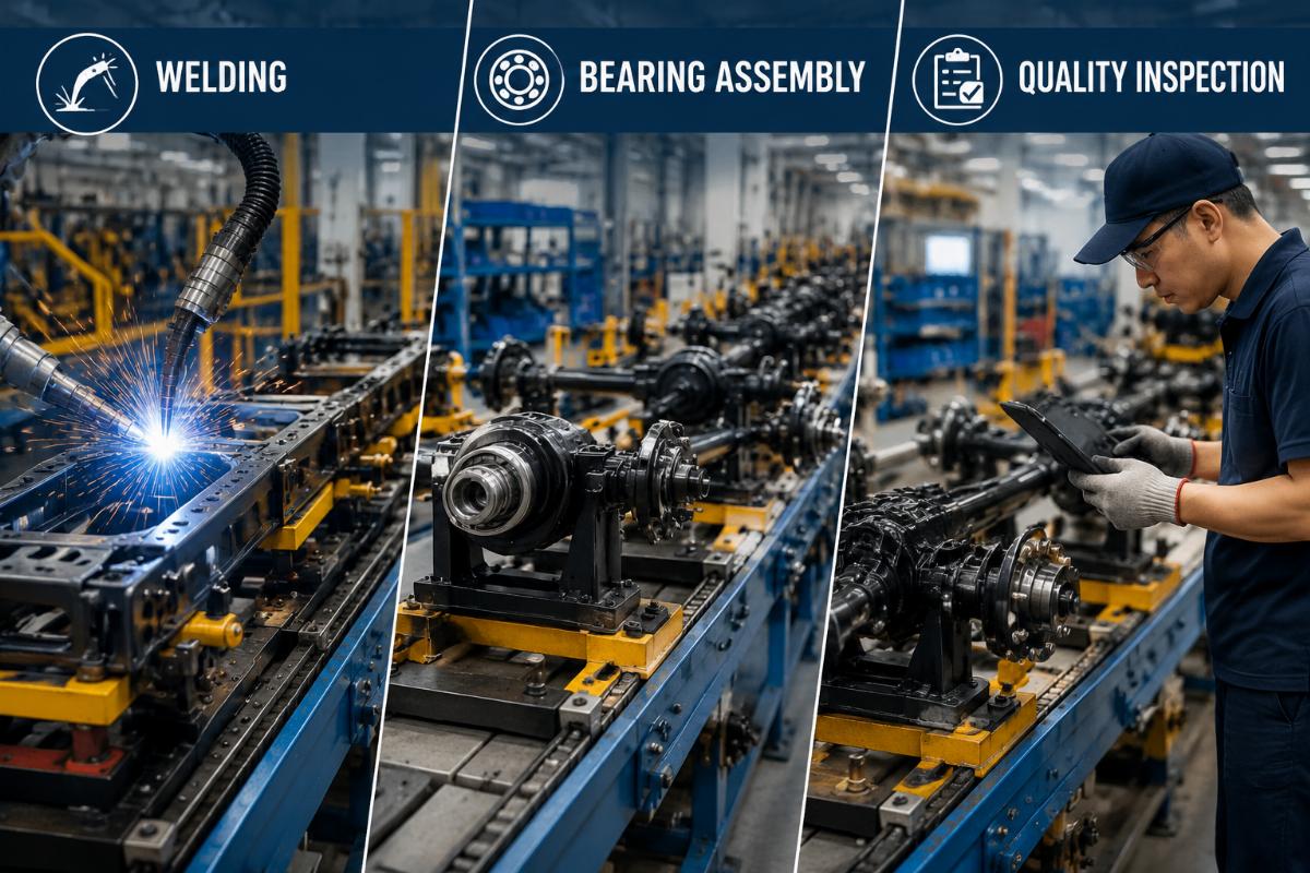 Commercial low row machine production line showing welding, bearing assembly, and quality inspection stages