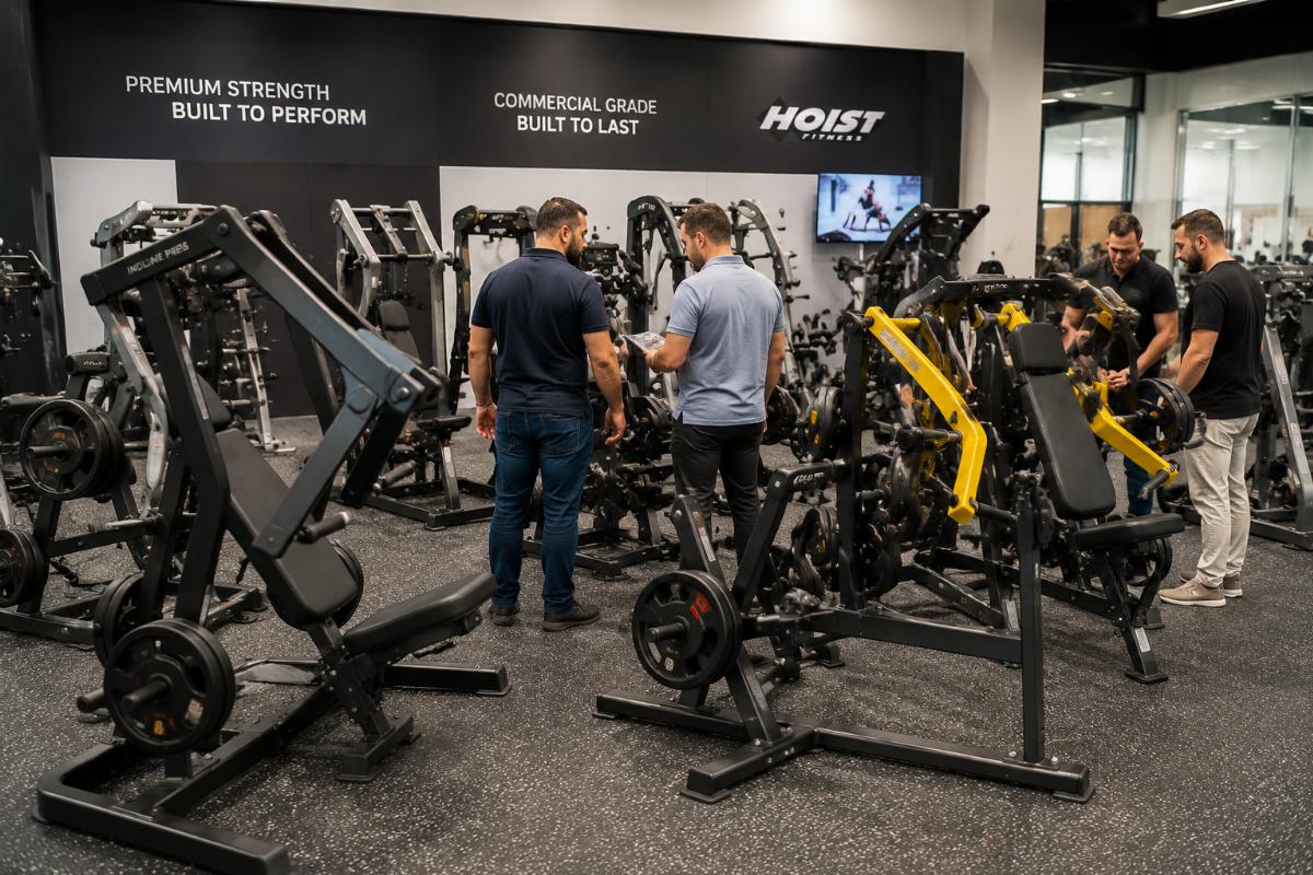 Commercial plate-loaded strength machines arranged on a gym showroom floor for Portuguese buyers evaluating Hoist Fitness alternatives