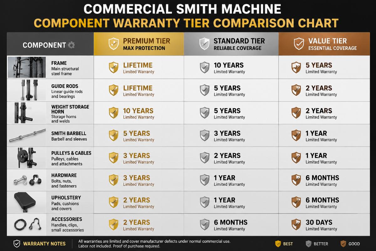 Commercial Smith machine component warranty tier comparison chart