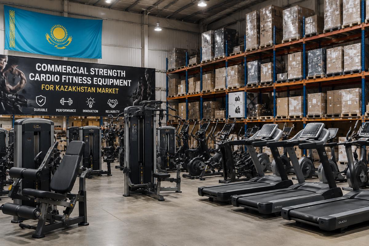 Commercial strength and cardio fitness equipment arranged in a warehouse setting for Kazakhstan market