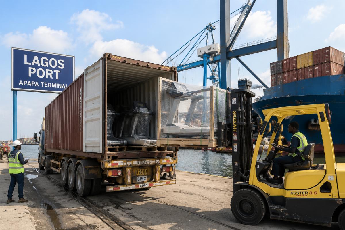 Commercial treadmill arriving at Lagos port with container and forklift unloading