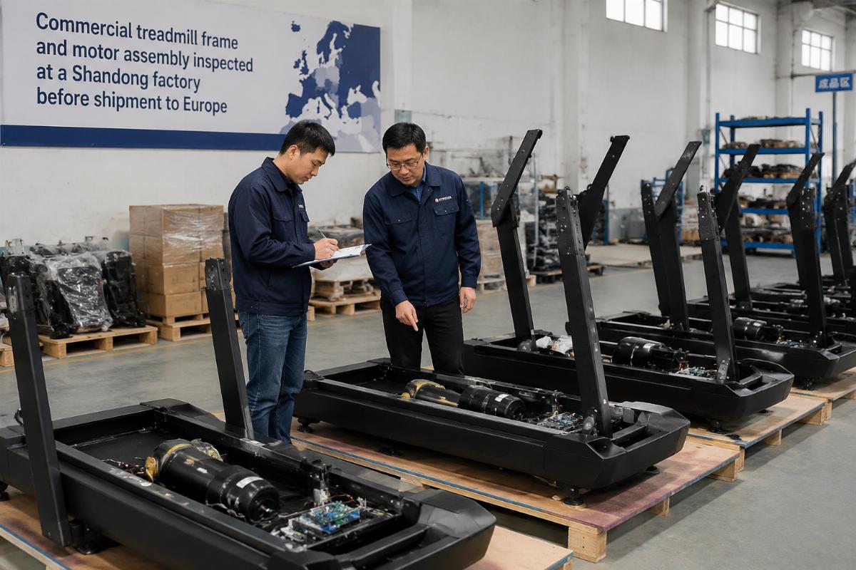 Commercial treadmill frame and motor assembly inspected at a Shandong factory before shipment to Europe