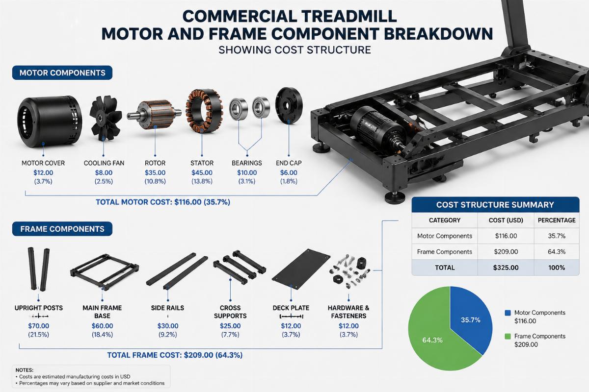Commercial treadmill motor and frame component breakdown showing cost structure