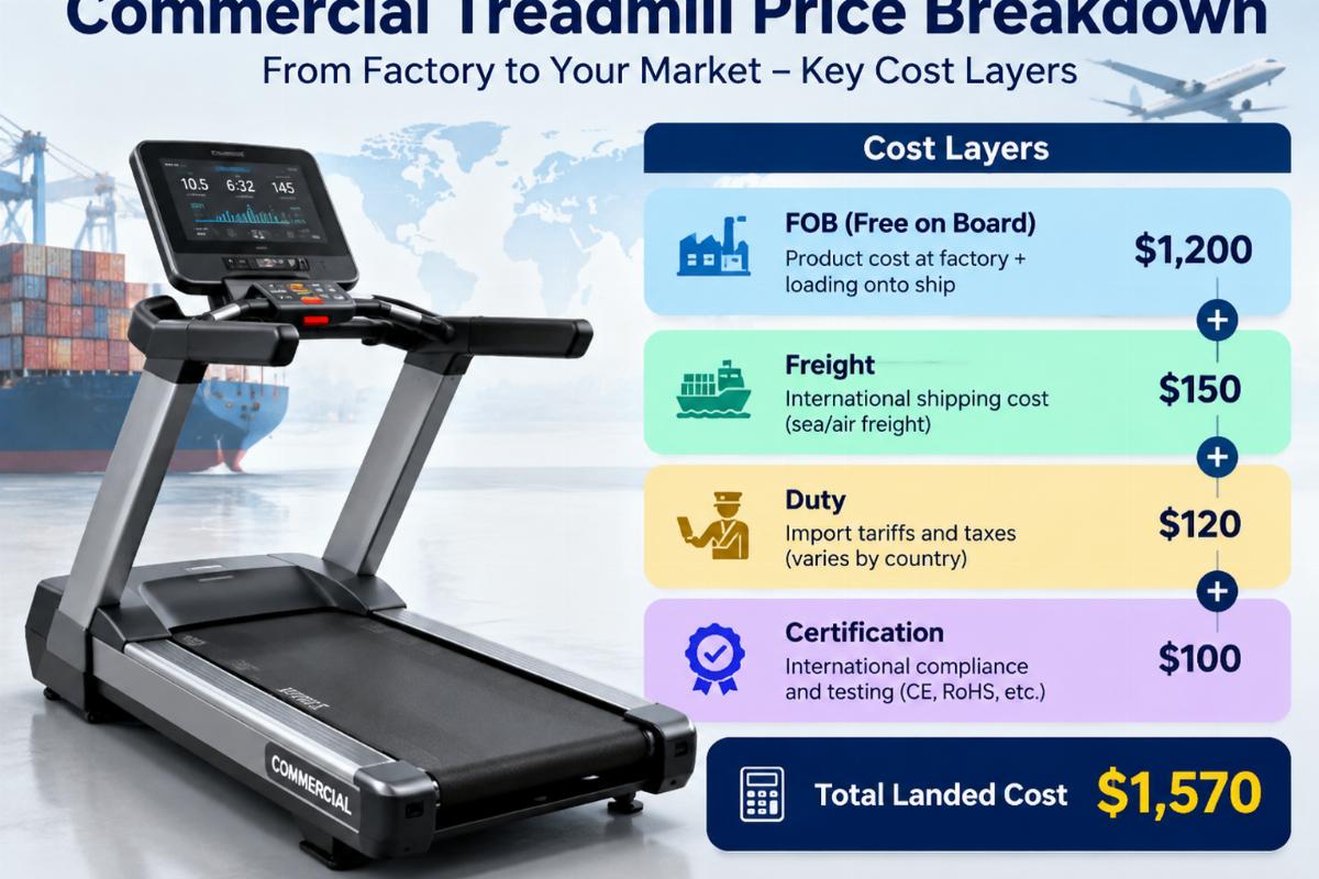 Commercial treadmill price breakdown showing FOB, freight, duty, and certification layers