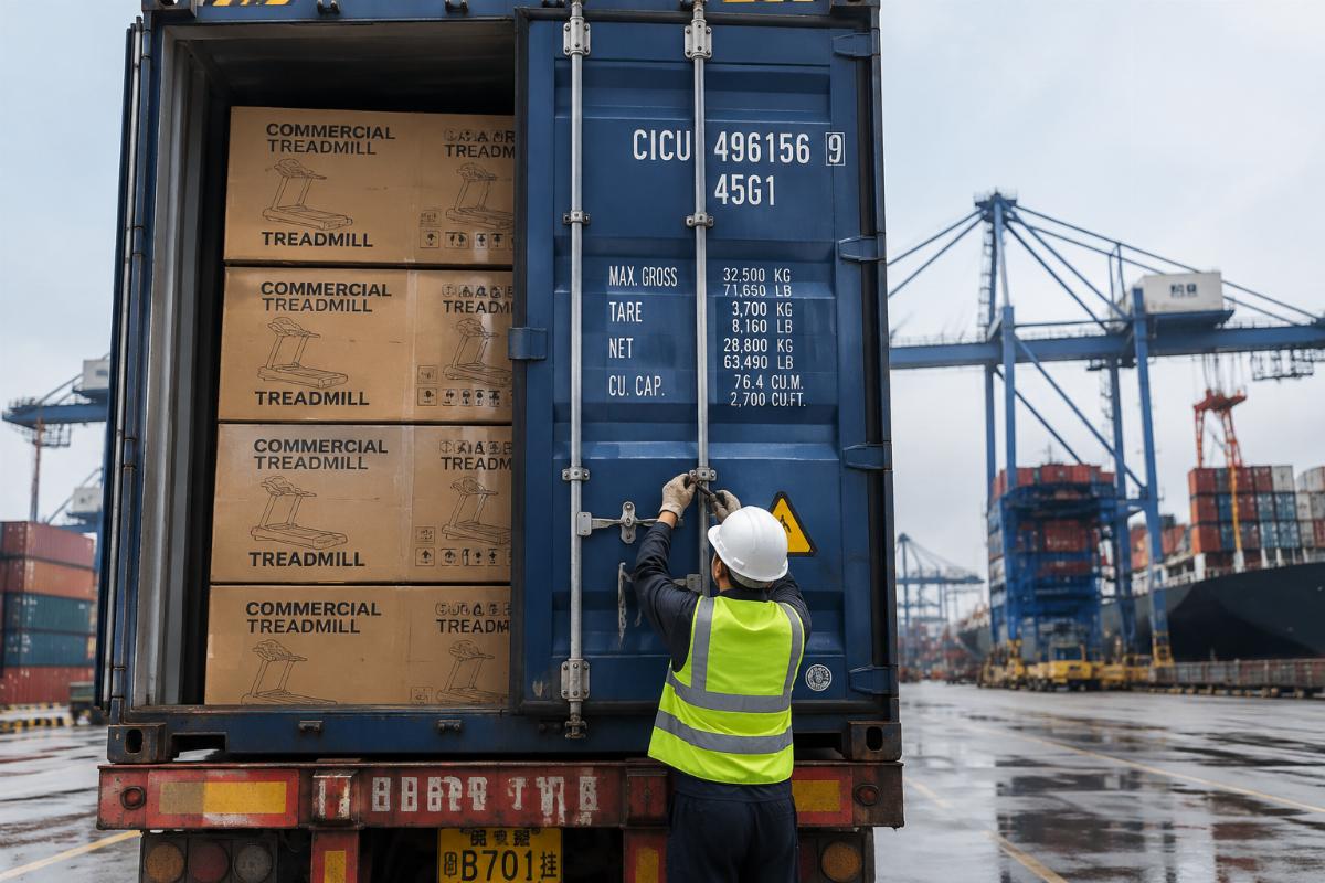 Commercial treadmill shipping container being sealed at port