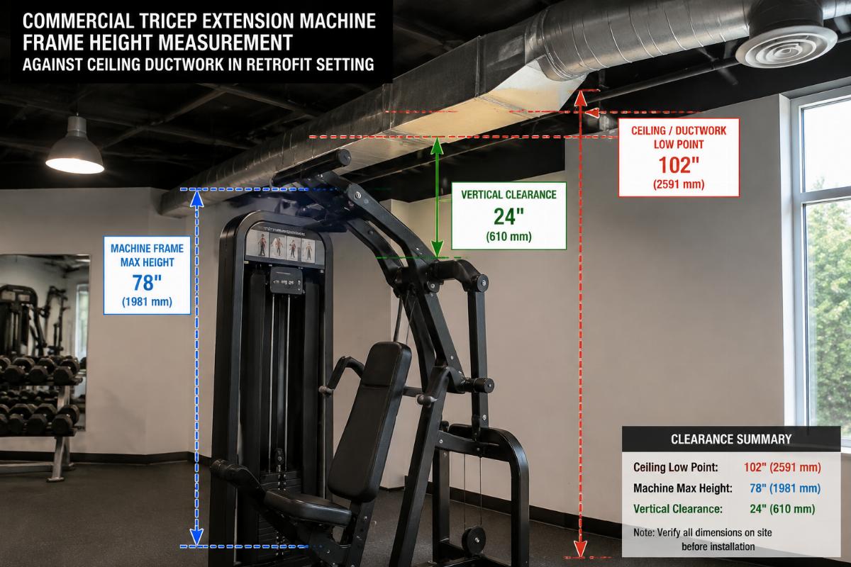 Commercial tricep extension machine frame height measurement against ceiling ductwork in retrofit setting