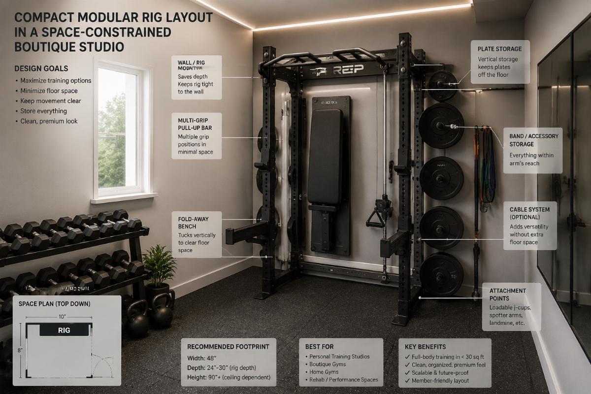 Compact modular rig layout in a space-constrained boutique studio