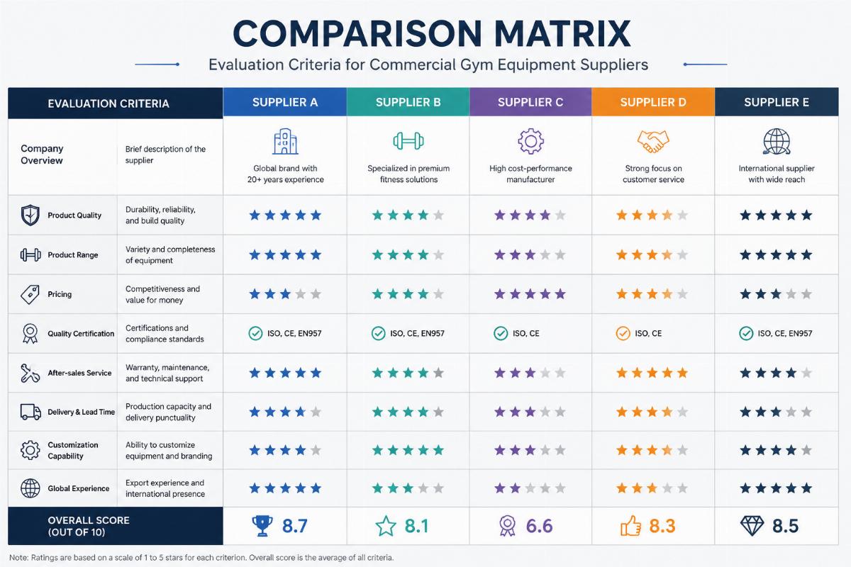 Comparison matrix chart showing evaluation criteria for commercial gym equipment suppliers