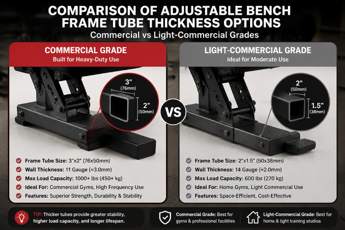Comparison of adjustable bench frame tube thickness options showing commercial versus light-commercial grades