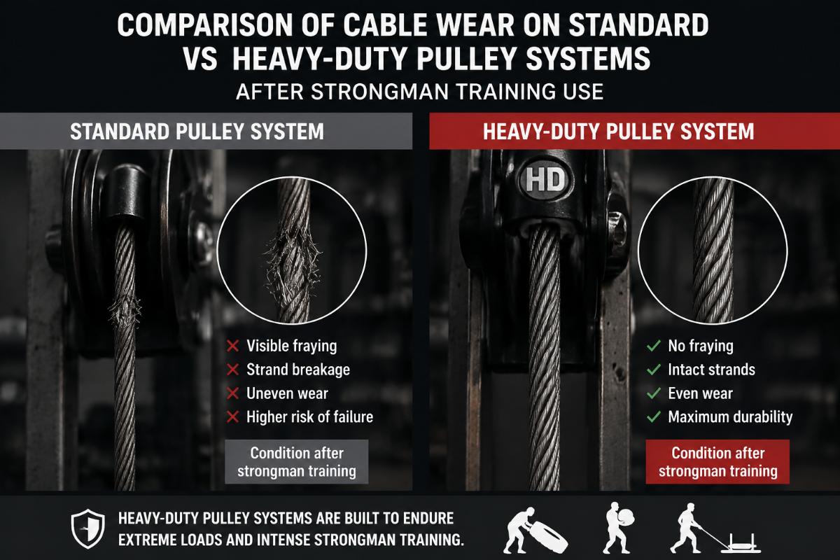 Comparison of cable wear on standard vs heavy-duty pulley systems after strongman training use