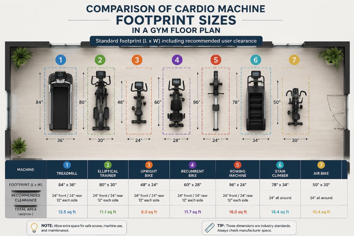 Comparison of cardio machine footprint sizes in a gym floor plan