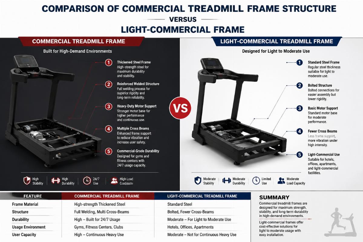 Comparison of commercial treadmill frame structure versus light-commercial frame