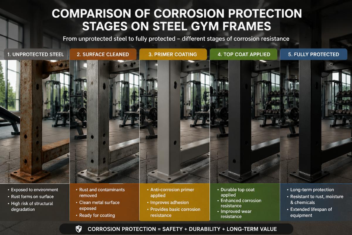 Comparison of corrosion protection stages on steel gym frames