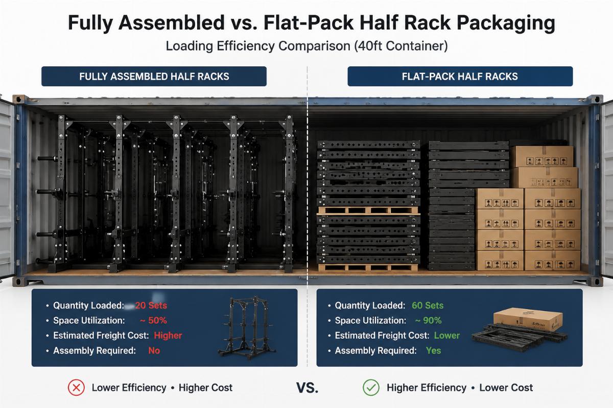 Comparison of fully assembled versus flat-pack half rack packaging inside a container cross-section