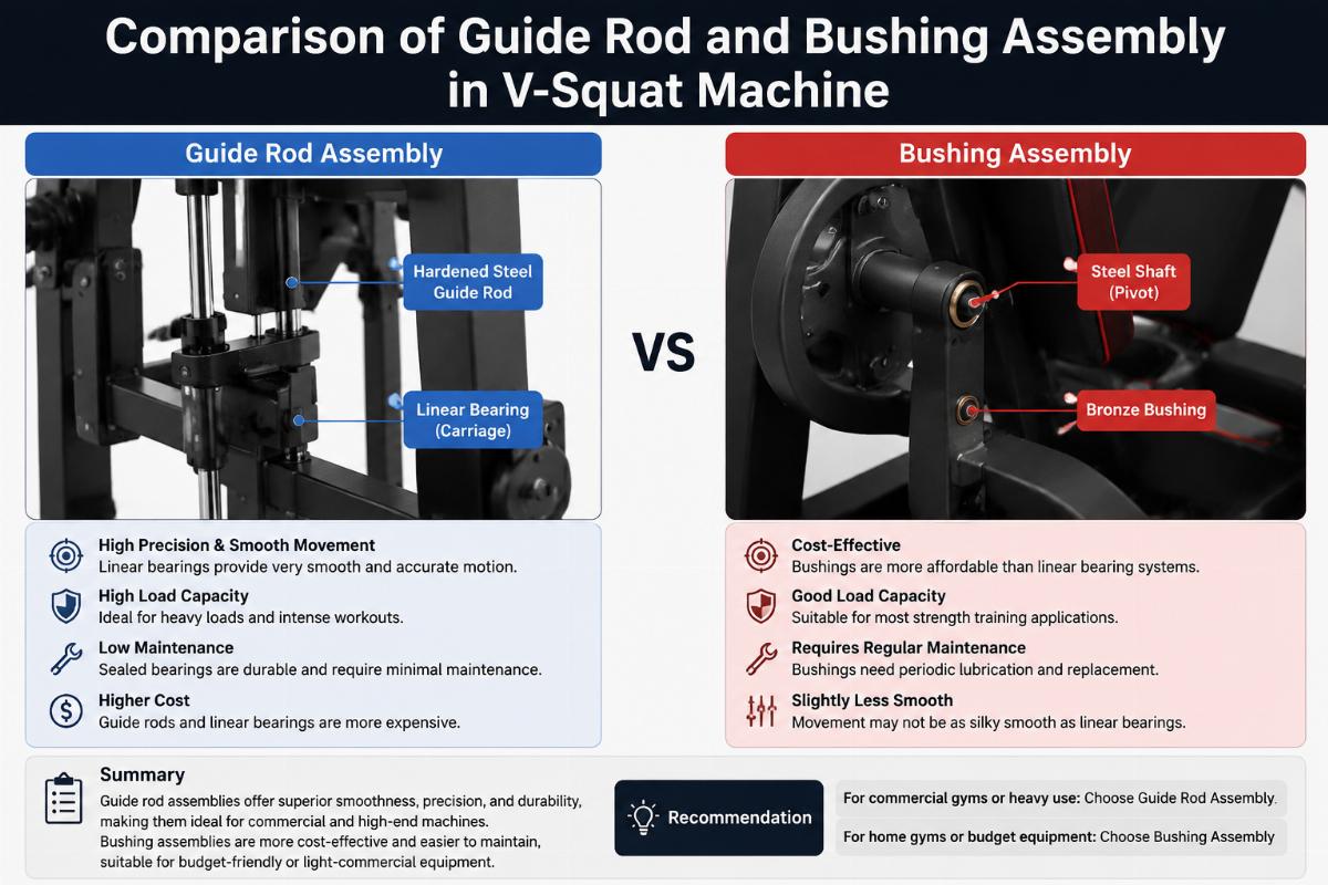 Comparison of guide rod and bushing assembly in V-squat machine