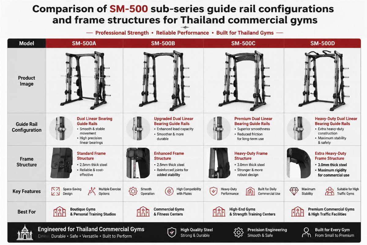Comparison of SM-500 sub-series guide rail configurations and frame structures for Thailand commercial gyms