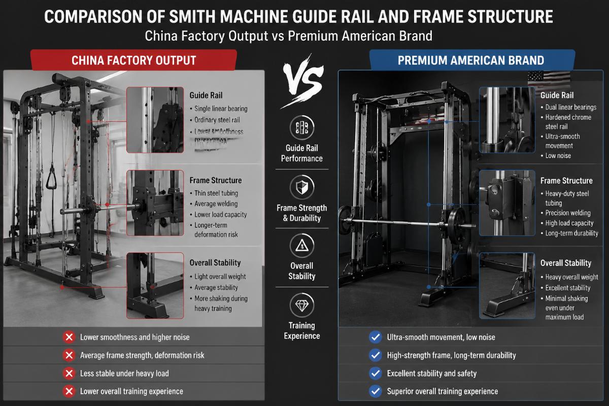Comparison of Smith machine guide rail and frame structure between China factory output and premium American brand